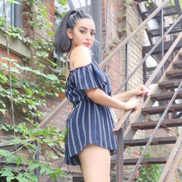 Pinstripe Cold Shoulder Romper Jumpsuit Shorts - Picture 2 of 7